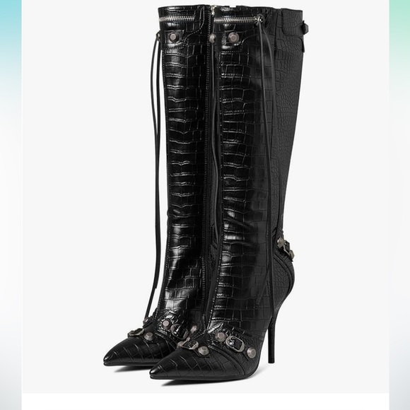 Shoes - Black Animal Skin Imitated Faux Leather Knee-High Boots